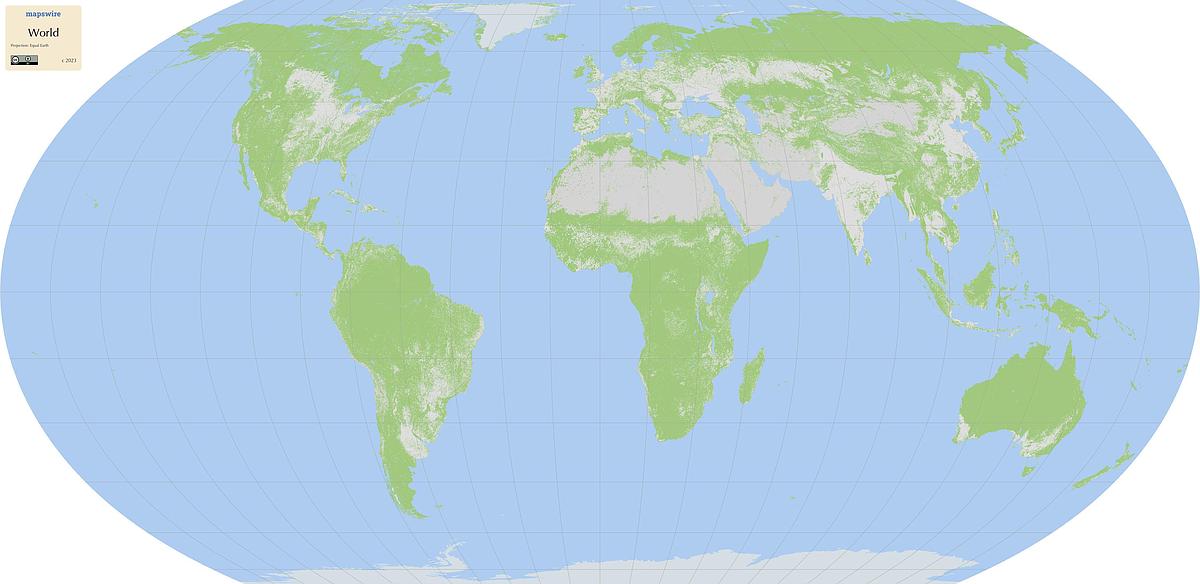 A world map showing the landcover using Equal Earth projection.<br>(Click download to get map without logo.)
